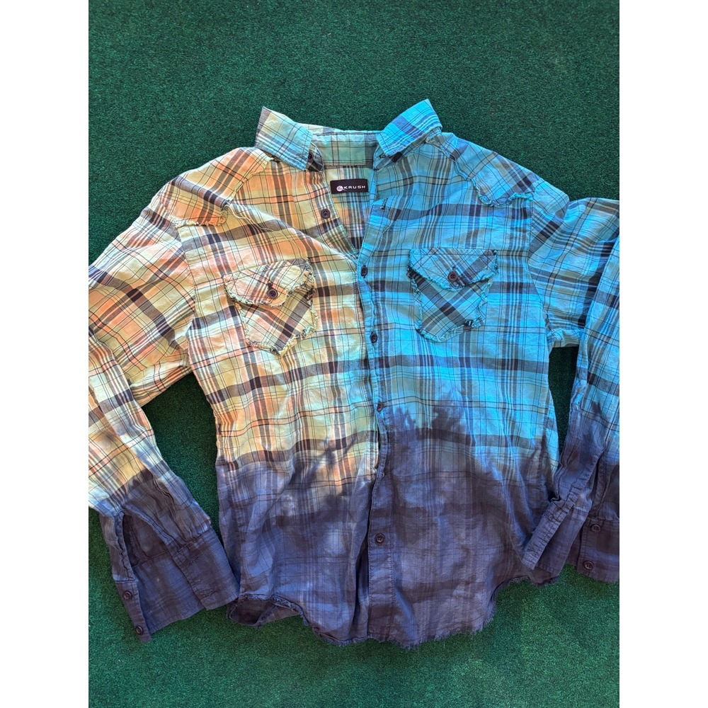 Krush Plaid Button Up Shirt Men's Size Medium Bleached Tie Dye‎ Long Sleeve